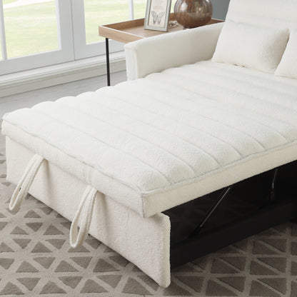 Beige 55.12 Boucle Loveseat Convertible Pull-Out Sofa Bed with Adjustable Back and 2 Waist Pillows for Living Room