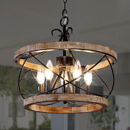 Bella Depot 5-Light Rustic Cage Wood Chandelier Dimmable Lighting, 15.7 Adjustable Farmhouse Pendant Light for Kitchen Island