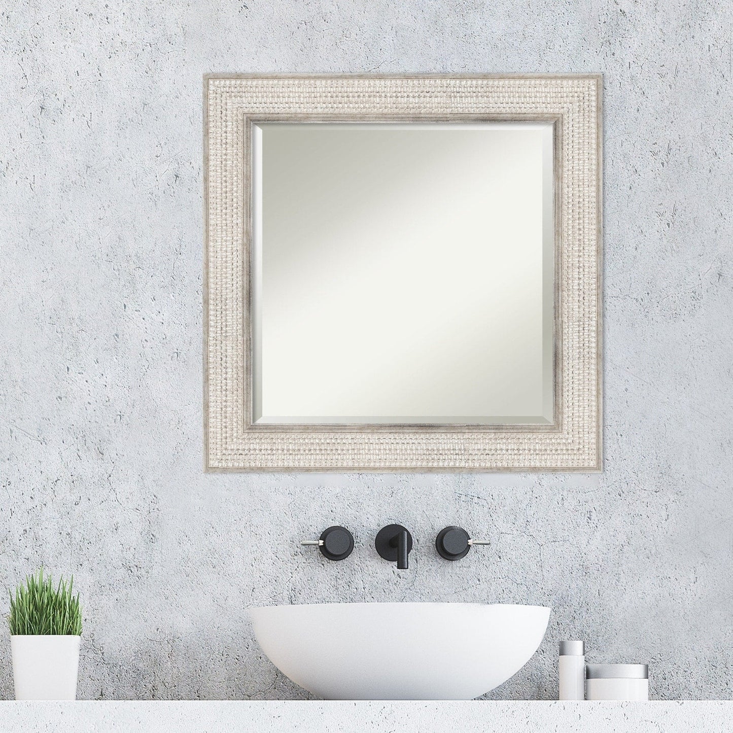Beveled Wood Bathroom Wall Mirror - Trellis Silver Frame - Trellis Silver