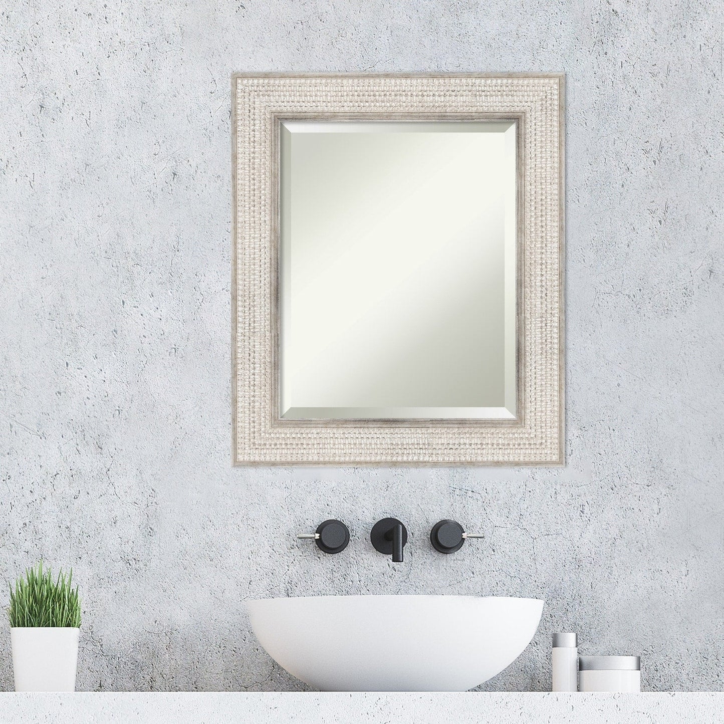 Beveled Wood Bathroom Wall Mirror - Trellis Silver Frame - Trellis Silver
