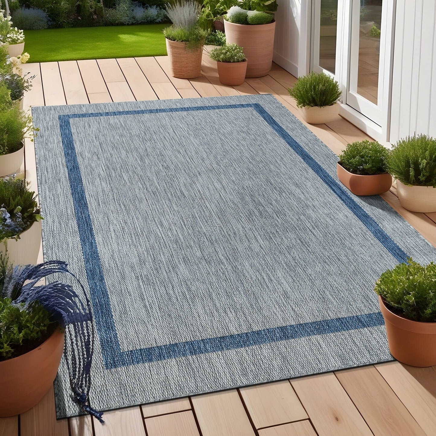 Beverly Rug Modern Bordered Indoor Outdoor Rug, Outside Carpet for Patio, Deck, Porch