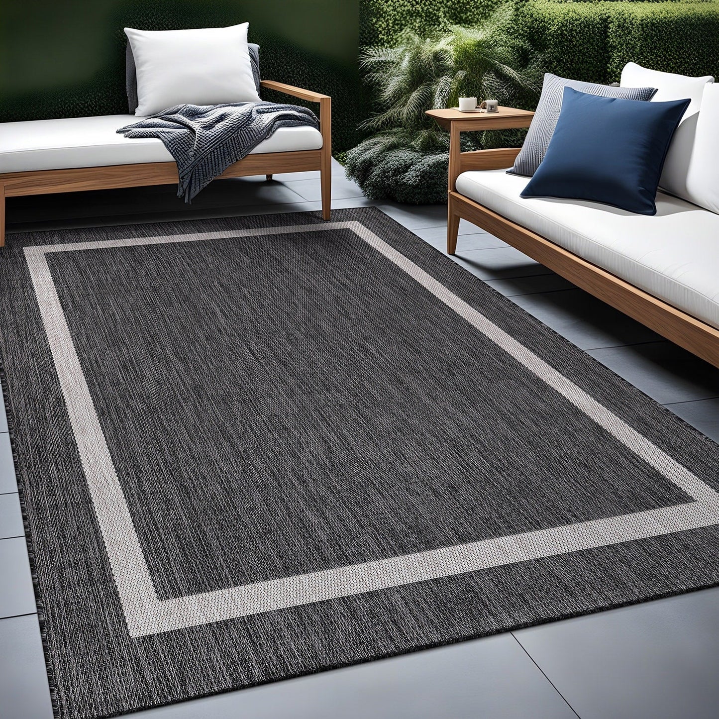 Beverly Rug Modern Bordered Indoor Outdoor Rug, Outside Carpet for Patio, Deck, Porch