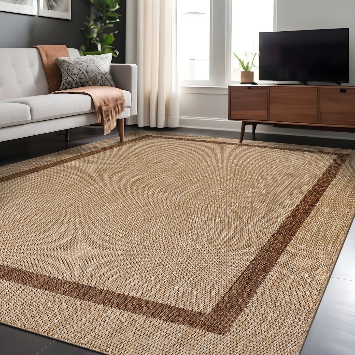 Beverly Rug Modern Bordered Indoor Outdoor Rug, Outside Carpet for Patio, Deck, Porch