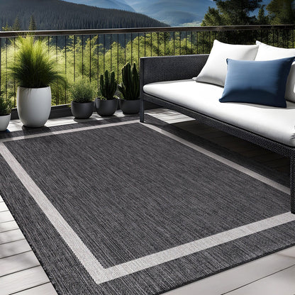 Beverly Rug Modern Bordered Indoor Outdoor Rug, Outside Carpet for Patio, Deck, Porch