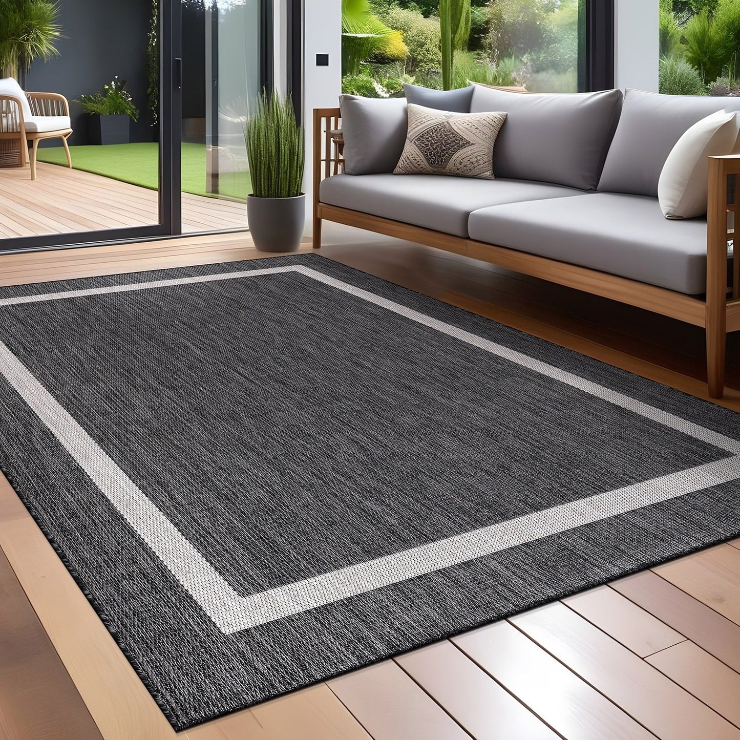 Beverly Rug Modern Bordered Indoor Outdoor Rug, Outside Carpet for Patio, Deck, Porch