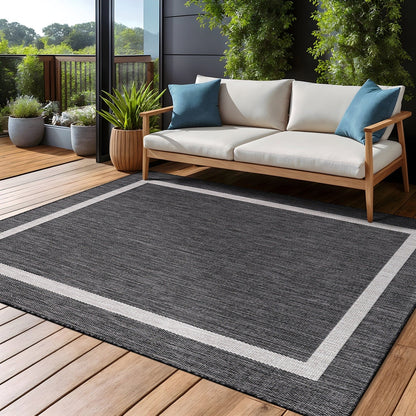 Beverly Rug Modern Bordered Indoor Outdoor Rug, Outside Carpet for Patio, Deck, Porch