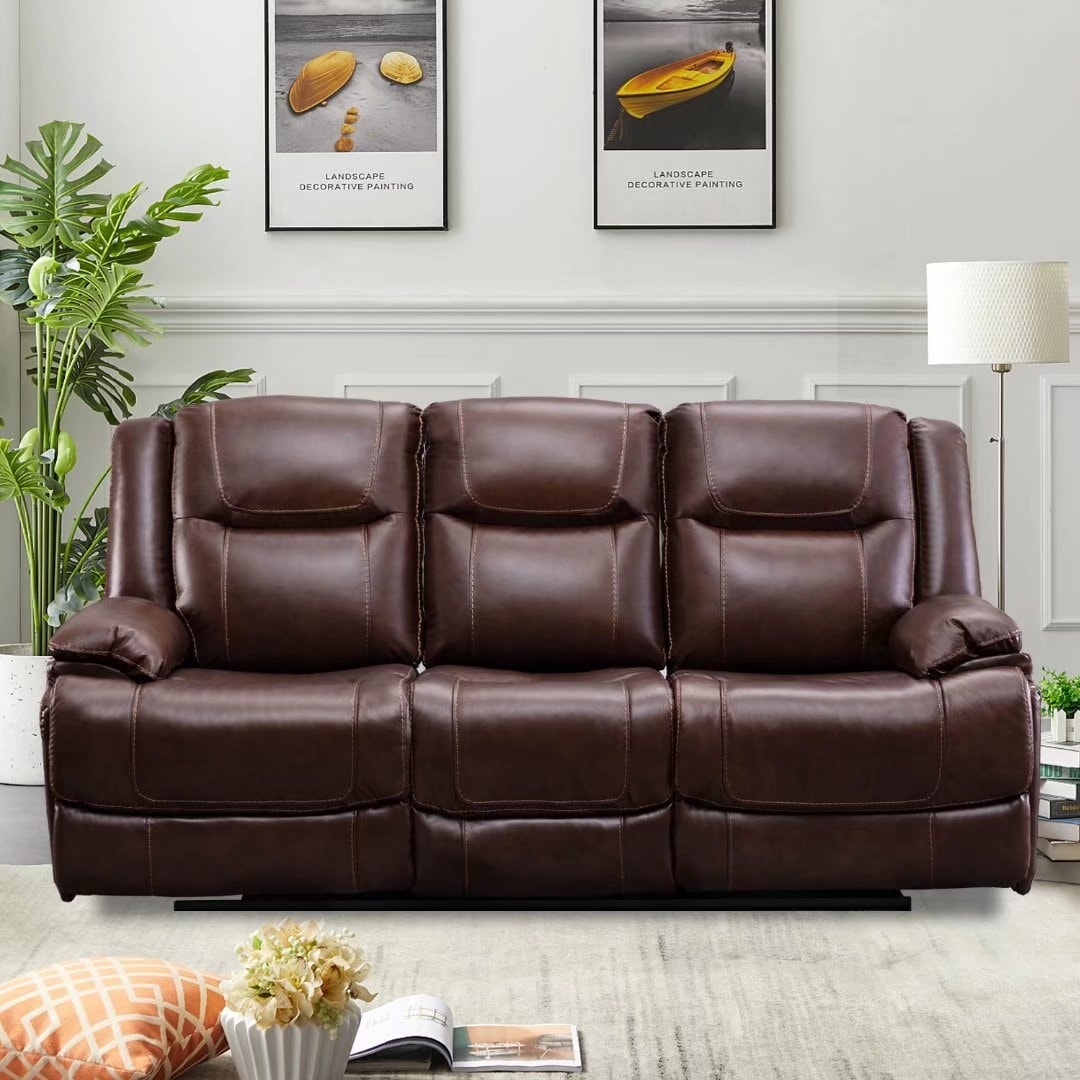 Genuine Leather Mid-century Modern Style Manual Recliners Sofa Set
