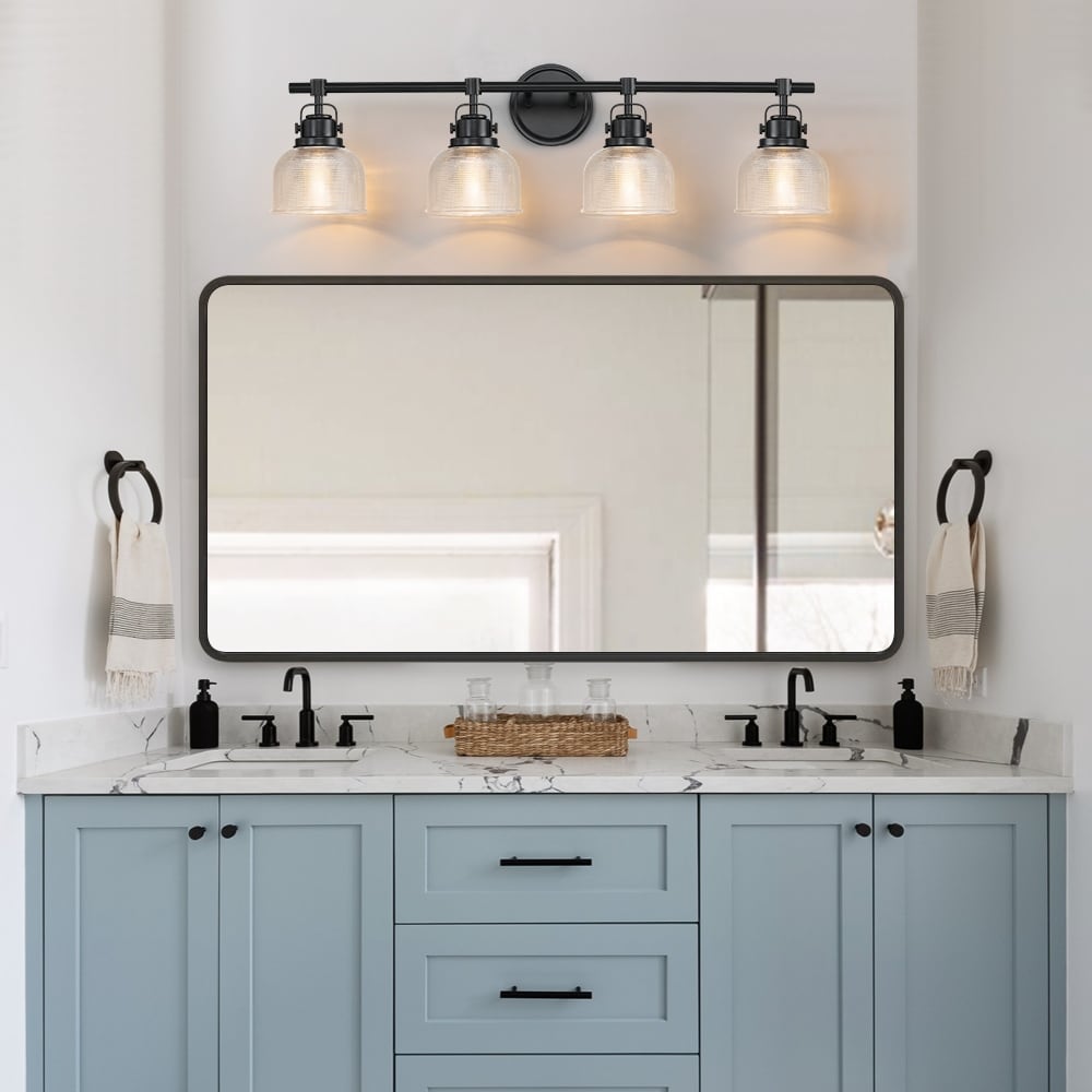 Black Bathroom Vanity Wall Light with Clear Prismatic Glass Shade