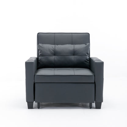 Black Faux Leather Convertible Sofa Bed with USB Ports