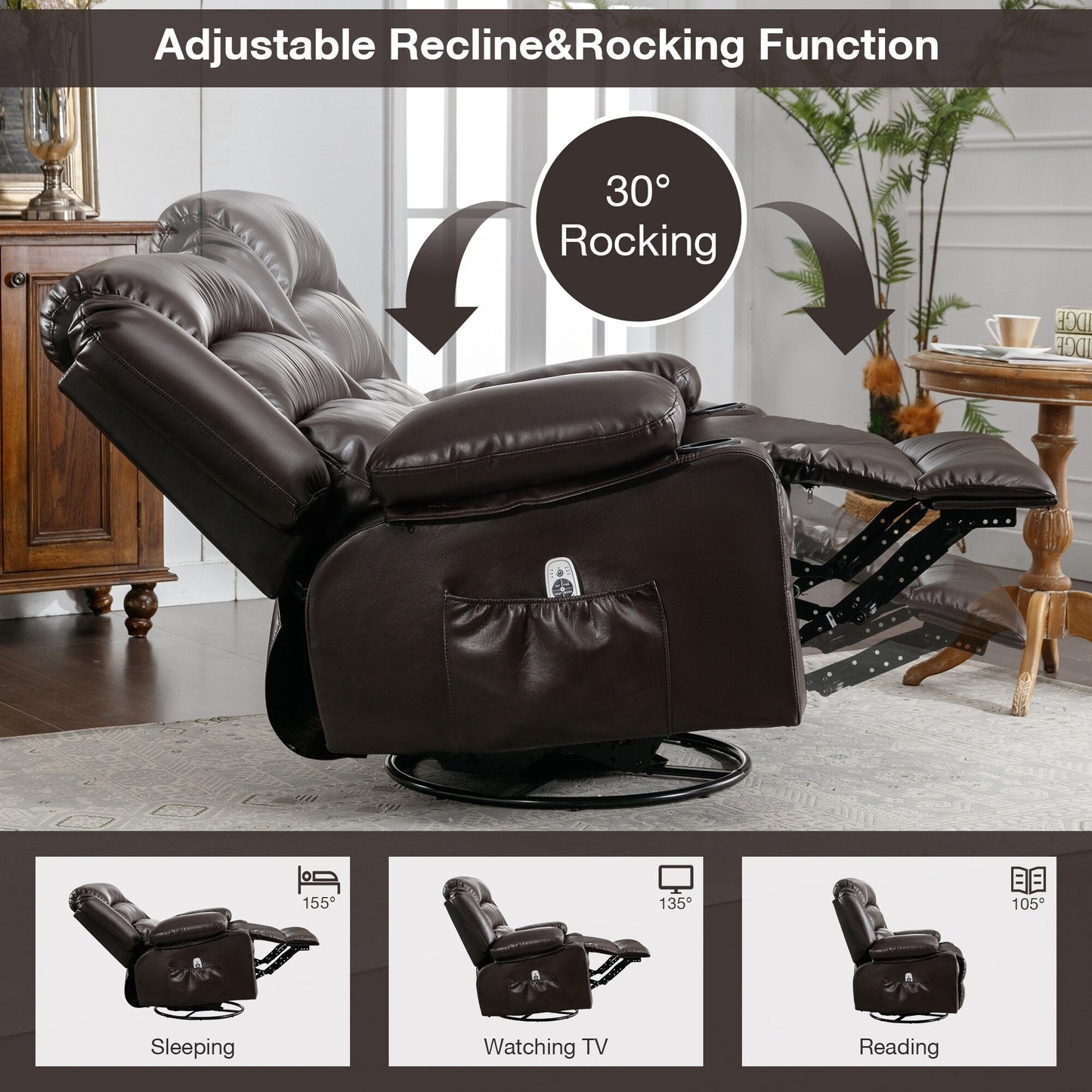 Black Swivel Rocker Recliner with Heat, Massage & USB Ports