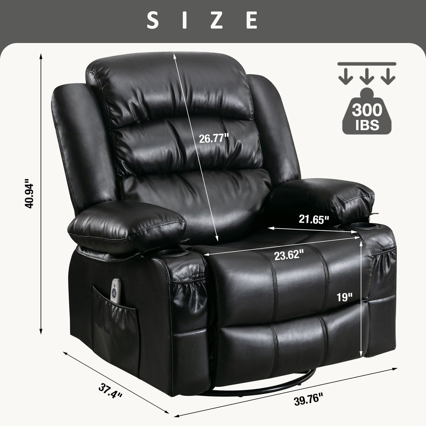 Black Swivel Rocker Recliner with Heat, Massage & USB Ports