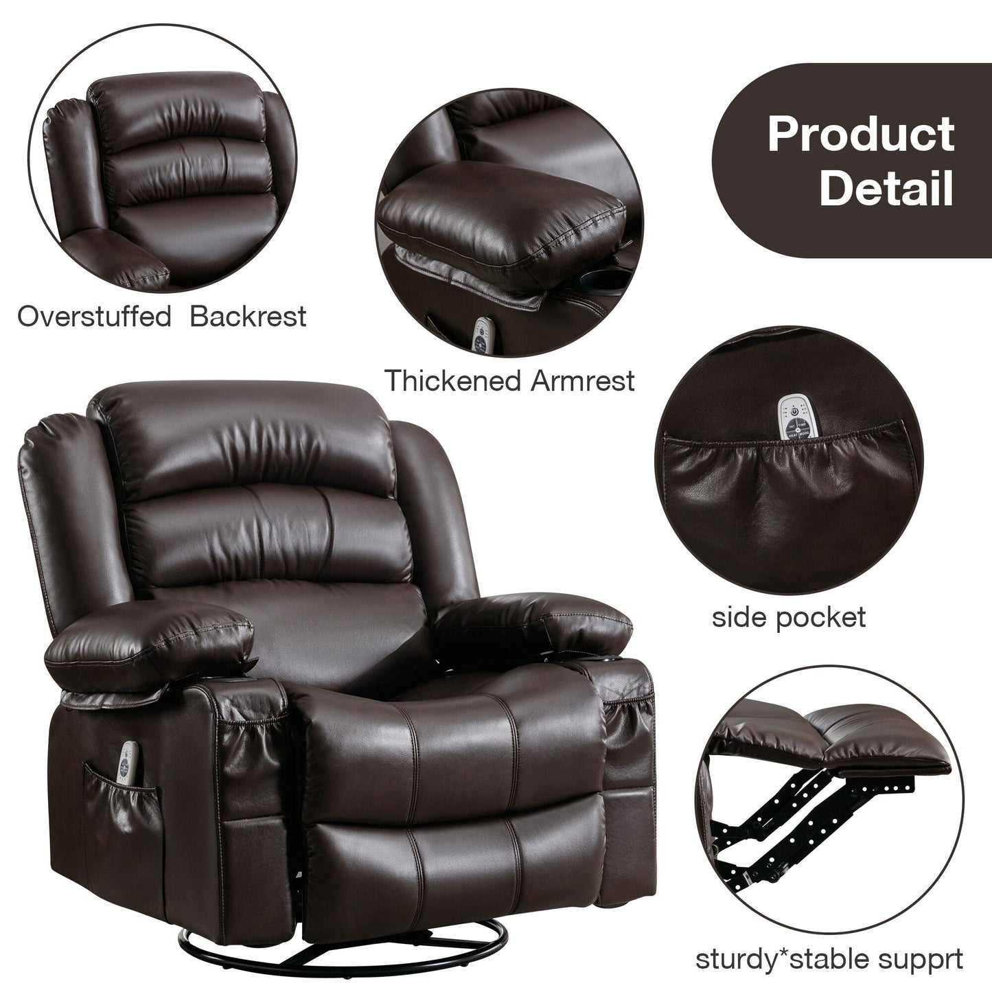 Black Swivel Rocker Recliner with Heat, Massage & USB Ports
