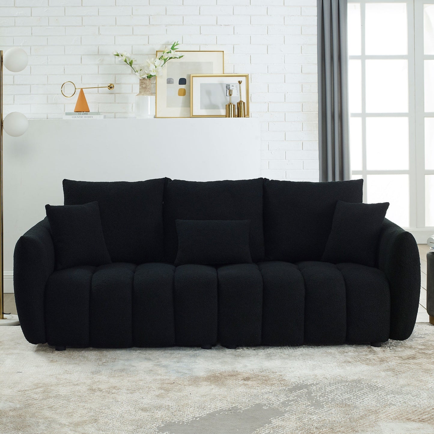 Black Teddy 3-seater Sofa with Back Pillows and Wood Frame