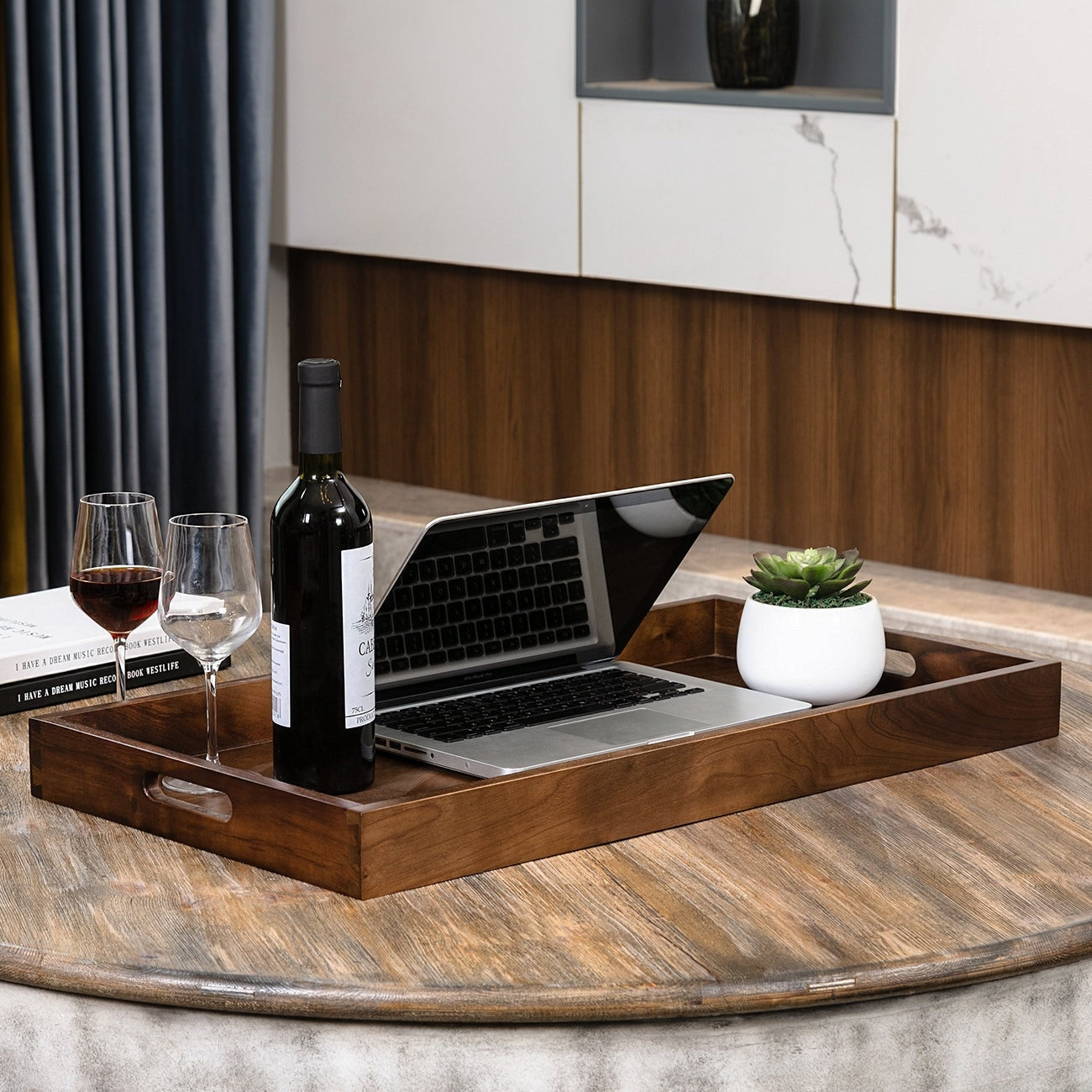 KINWELL Rectangle Black Walnut Wood Serving Tray Ottoman Tray