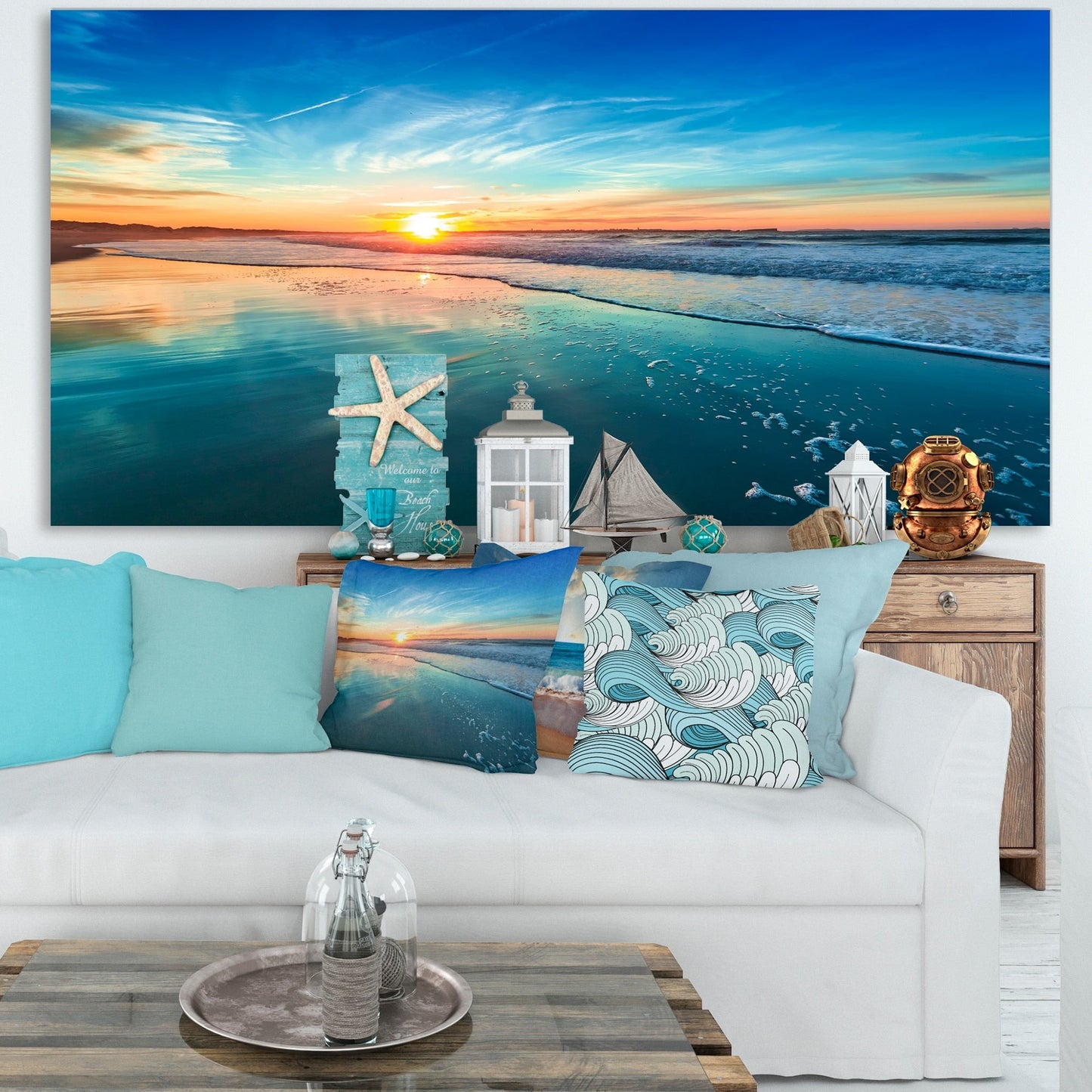 Blue Seashore with Distant Sunset - Seashore Canvas Wall Art