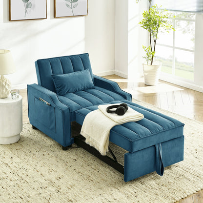 Blue Velvet Convertible Single Sleeper Sofa with Pull-out Bed
