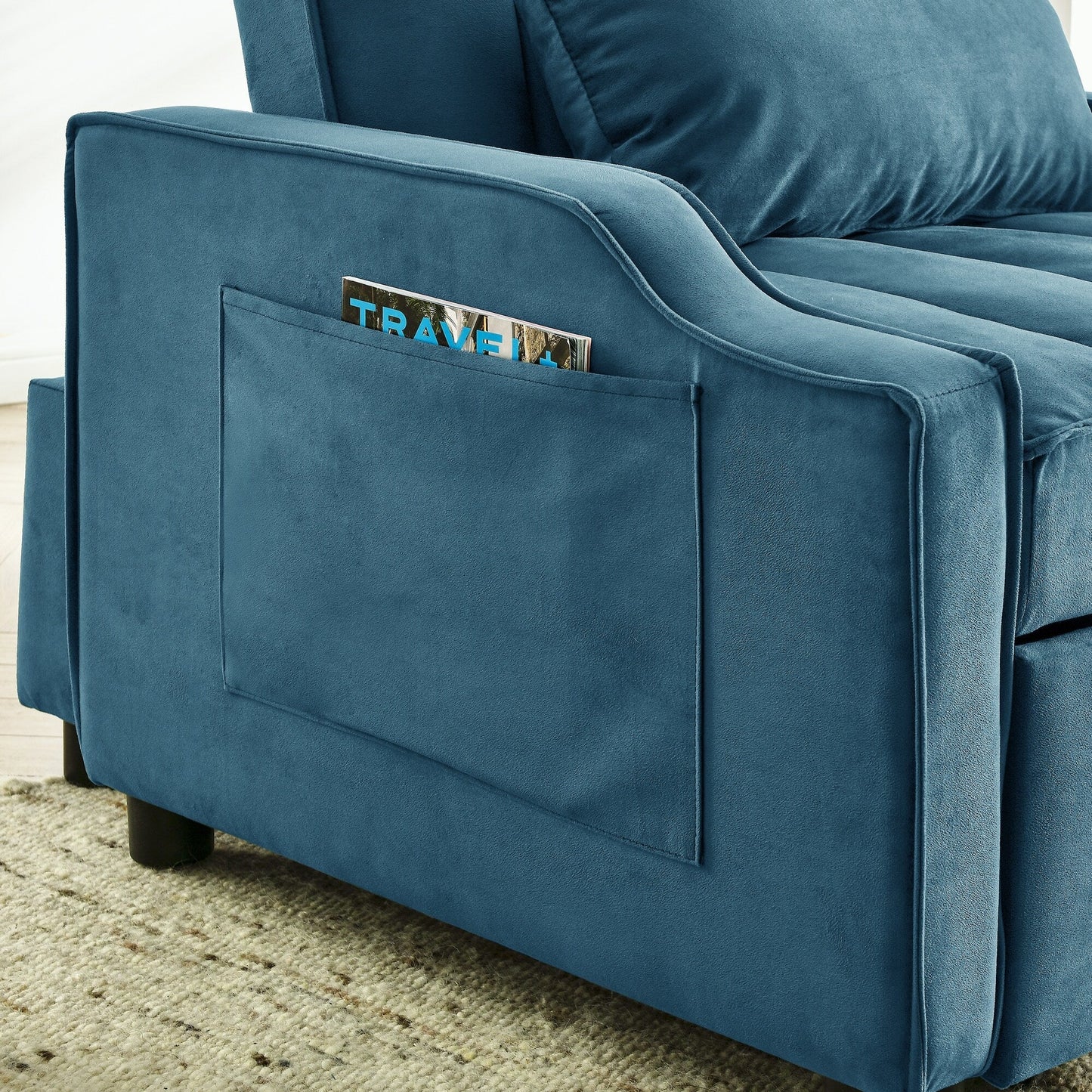Blue Velvet Convertible Single Sleeper Sofa with Pull-out Bed