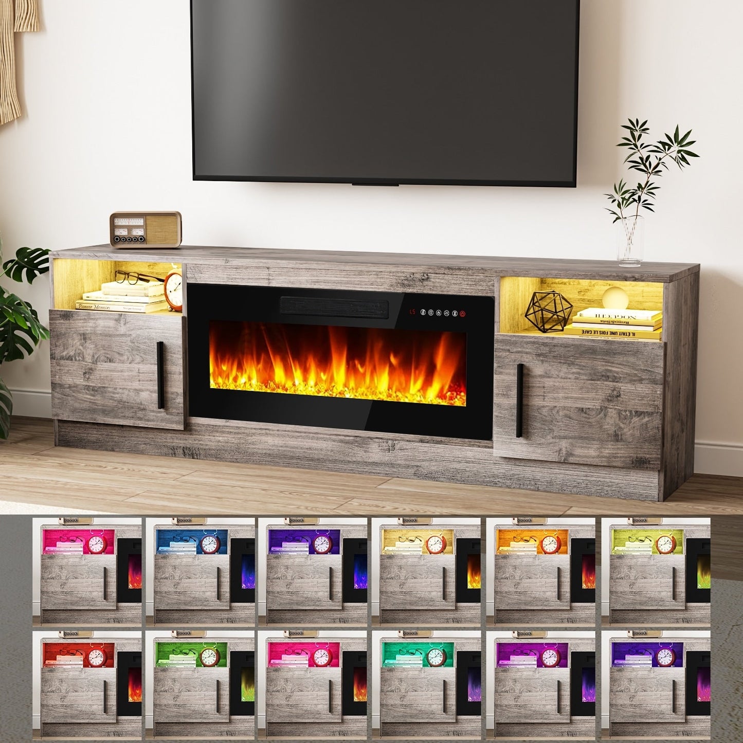 Bossin 70 Fireplace TV Stand with 36 Electric Fireplace, TV Stand for TVs Up to 80, 16 Colors LED Lights/Entertainment Center