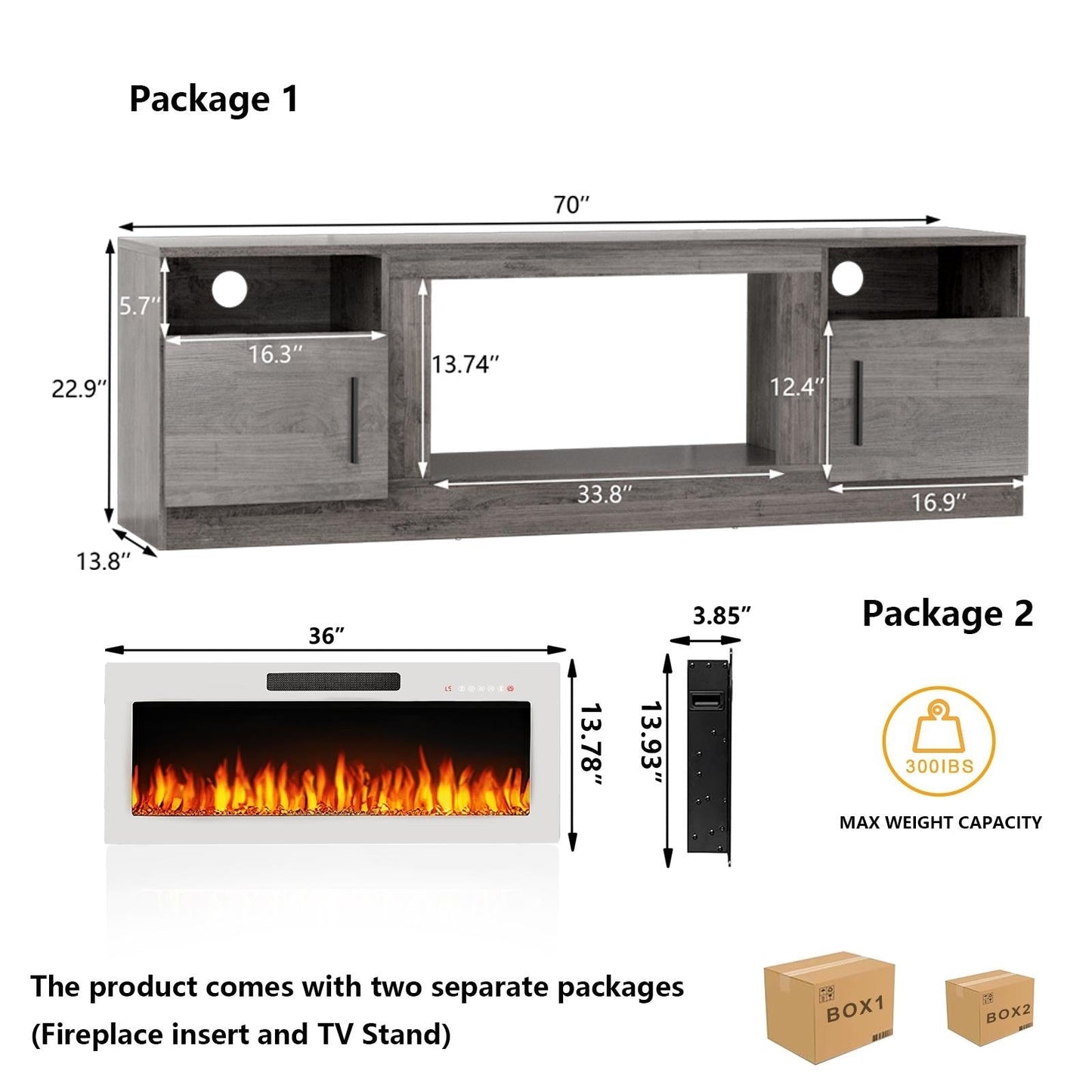Bossin 70 Fireplace TV Stand with 36 Electric Fireplace, TV Stand for TVs Up to 80, 16 Colors LED Lights/Entertainment Center