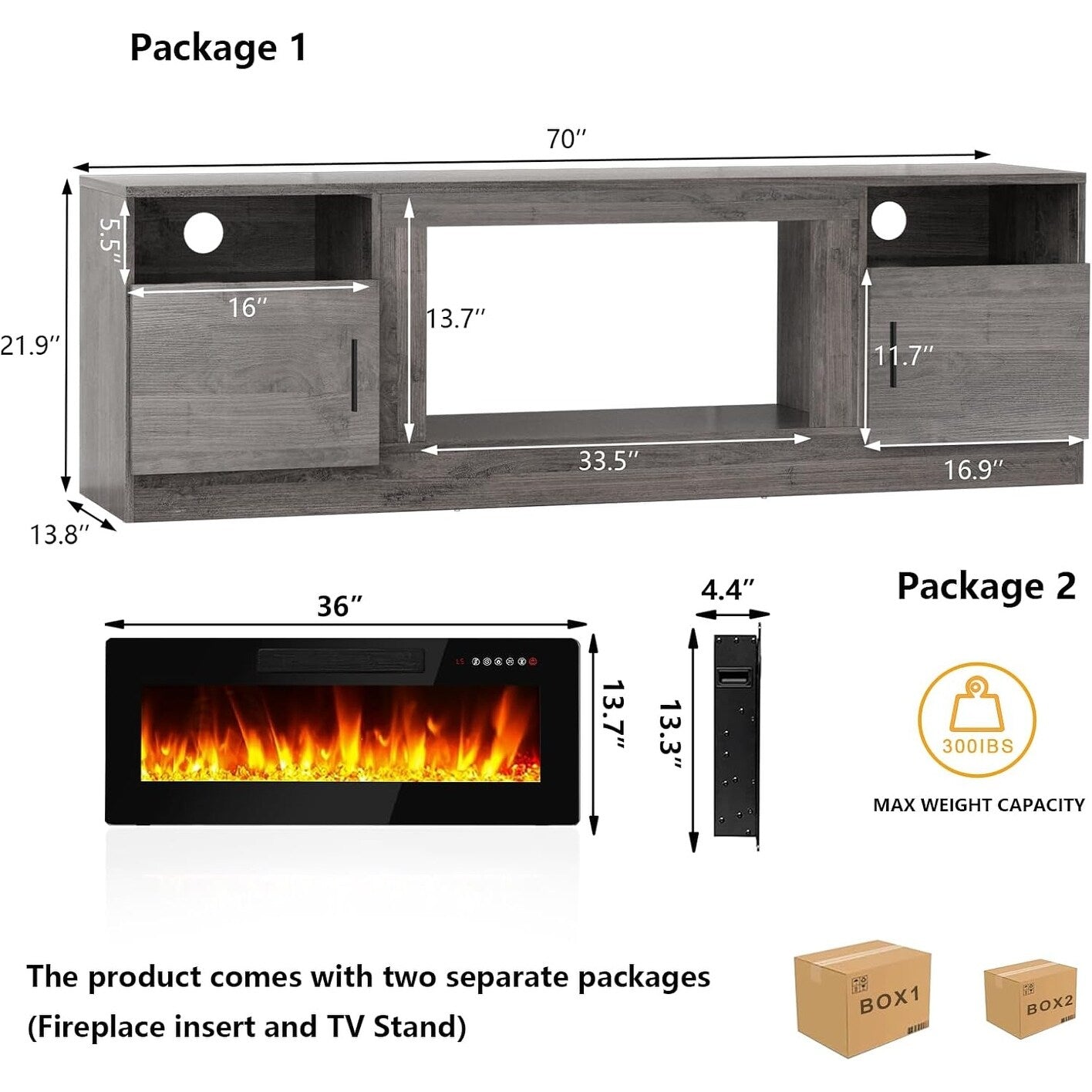 Bossin 70 Fireplace TV Stand with 36 Electric Fireplace, TV Stand for TVs Up to 80, 16 Colors LED Lights/Entertainment Center