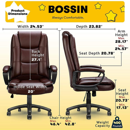 Bossin Big and Tall Office Chair High Back Executive Chair Ergonomic Adjustable Executive Leather Chair,400lbs
