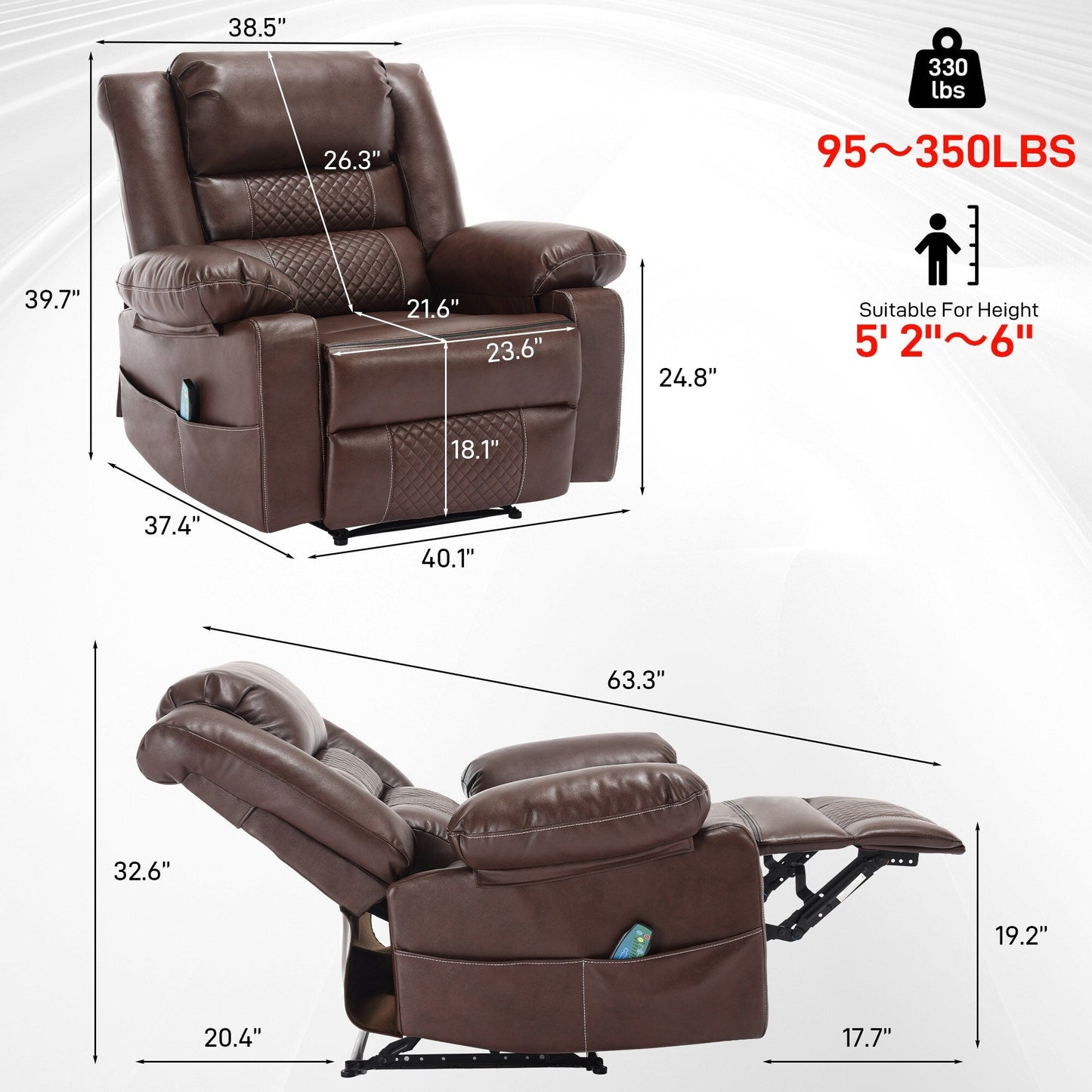Brown Manual Recliner with 8-Point Massage, Heated Function, and Sturdy Frame for Living Room Comfort