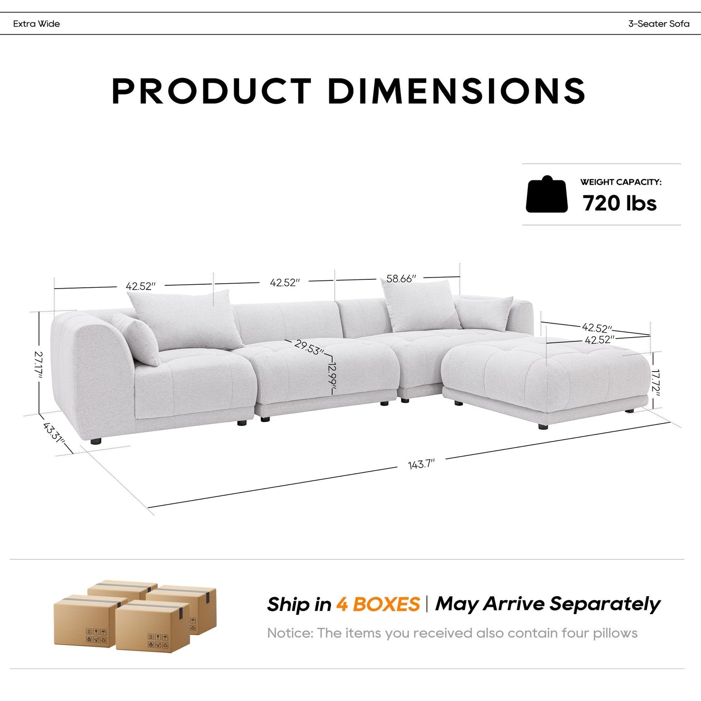 Cloud Modular Sofa Sectional 144 with Ottoman - Plush Chenille Fabric Living Room Couch