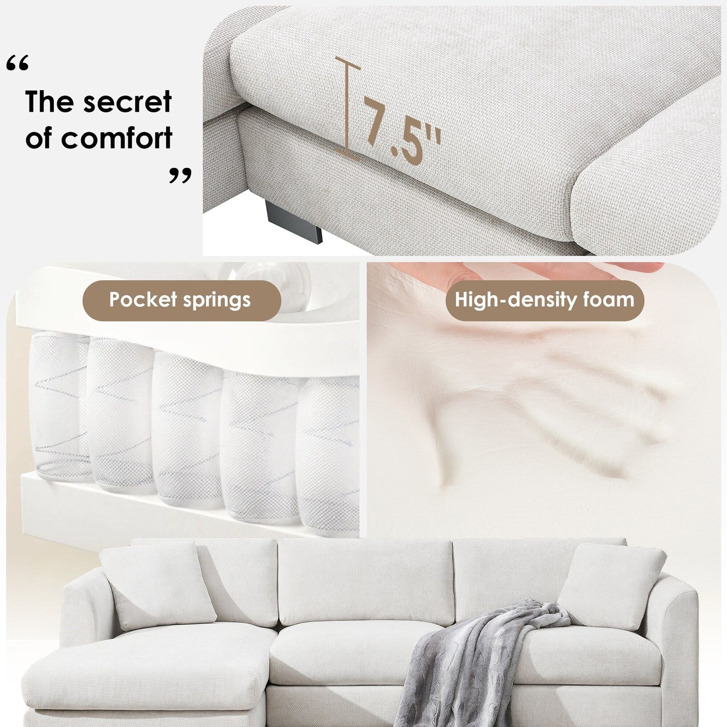 Cloud Sectional Sofa,L-Shaped Luxury Couch Set With 2 Free Pillows,4-Seat Chenille Indoor Furniture With Oversized Chaise