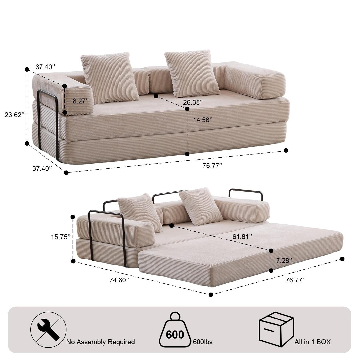 Convertible Floor Sofa Bed with Pillow Back Chenille Fabric for Living Room Bedroom