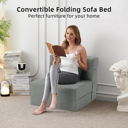 Convertible Folding Sofa Bed - Modern Linen Sleeper Chair with Pillow & Foldable Mattress for Living Room/Dorm/Guest