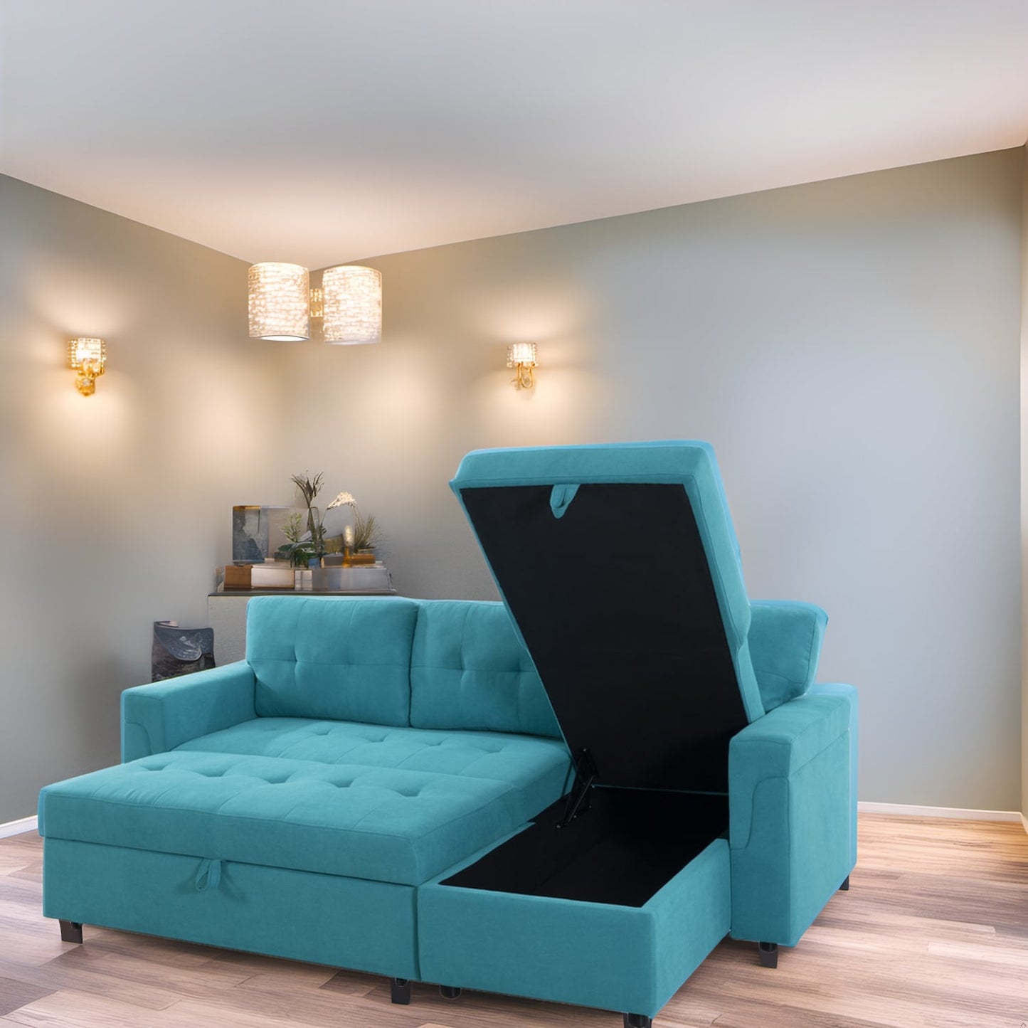 Convertible Reversible Sectional Sofa with Pull-Out Sleeper Bed, Hidden Storage Chaise, and Durable Legs