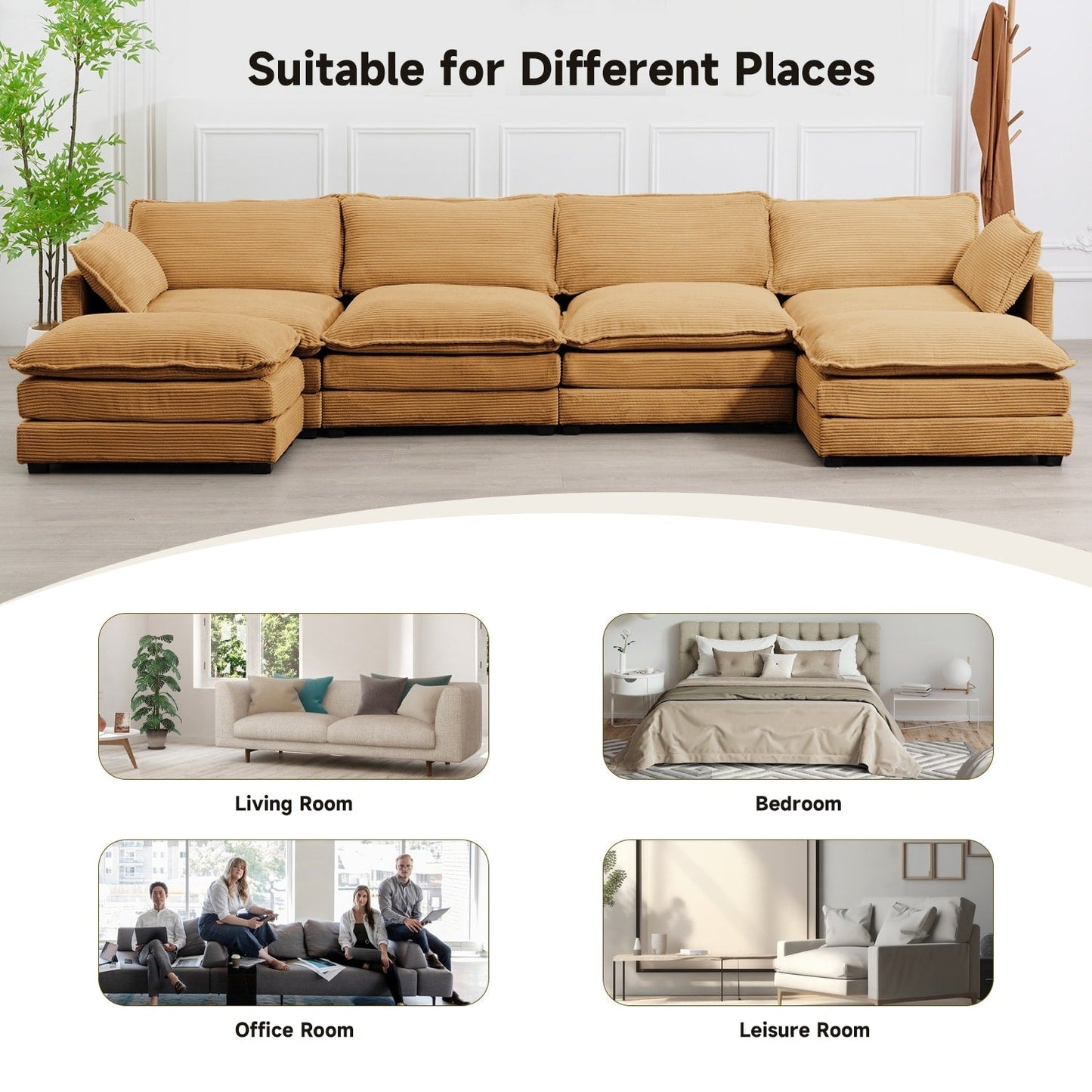 Corduroy Sectional Sofa with Removable Ottomans & Ultra-soft Cushions for Living Room & Bedroom