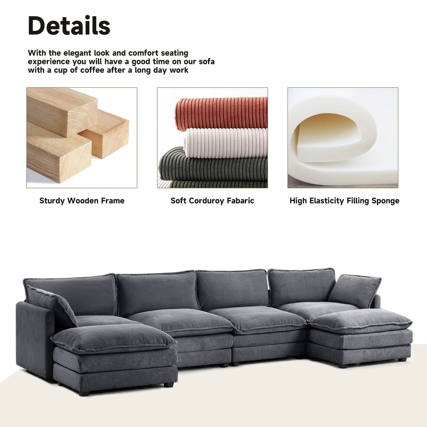 Corduroy Sectional Sofa with Removable Ottomans & Ultra-soft Cushions for Living Room & Bedroom
