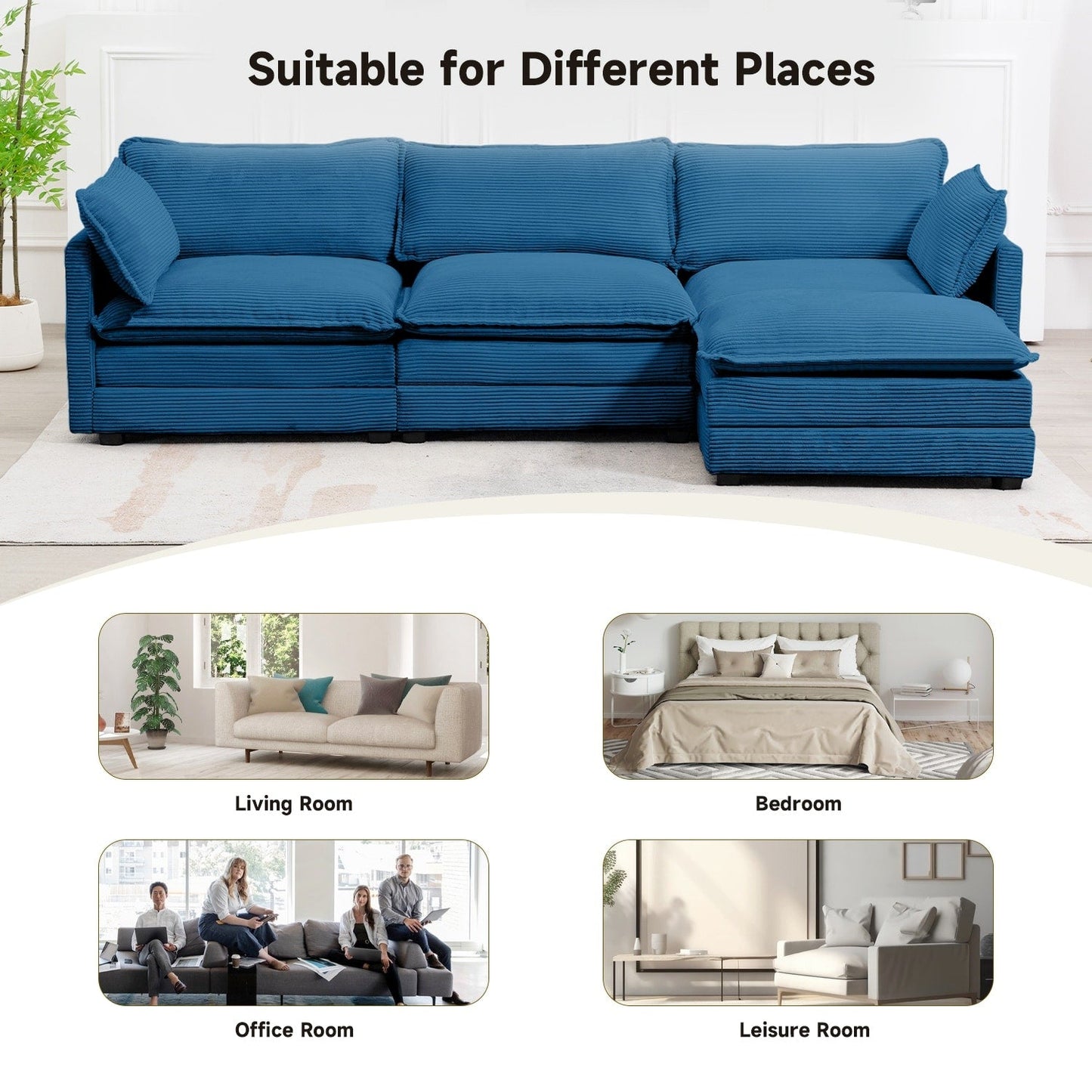 Corduroy Sectional Sofa with Removable Ottomans & Ultra-soft Cushions for Living Room & Bedroom