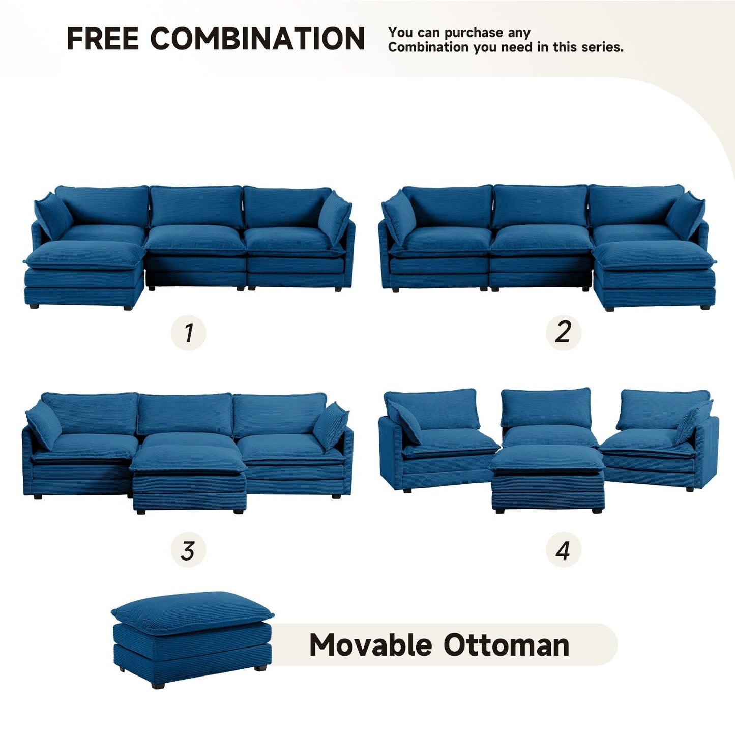 Corduroy Sectional Sofa with Removable Ottomans & Ultra-soft Cushions for Living Room & Bedroom