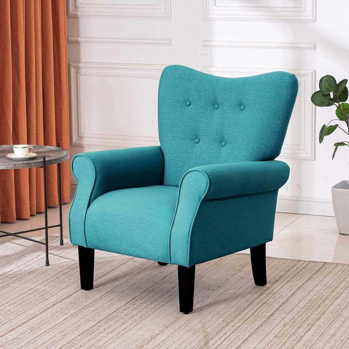 Erommy Modern Accent Chair, High Back Armchair, Upholstered Fabric Button Single Sofa with Wooden Legs for Living Room