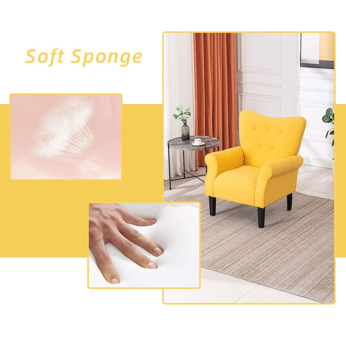 Erommy Modern Accent Chair, High Back Armchair, Upholstered Fabric Button Single Sofa with Wooden Legs for Living Room