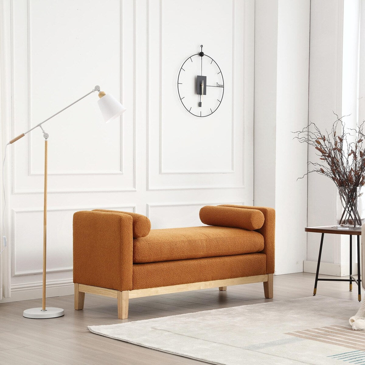 Elegant 53.5 Upholstered Ottoman Bench with Wood Legs & Bolster Pillows