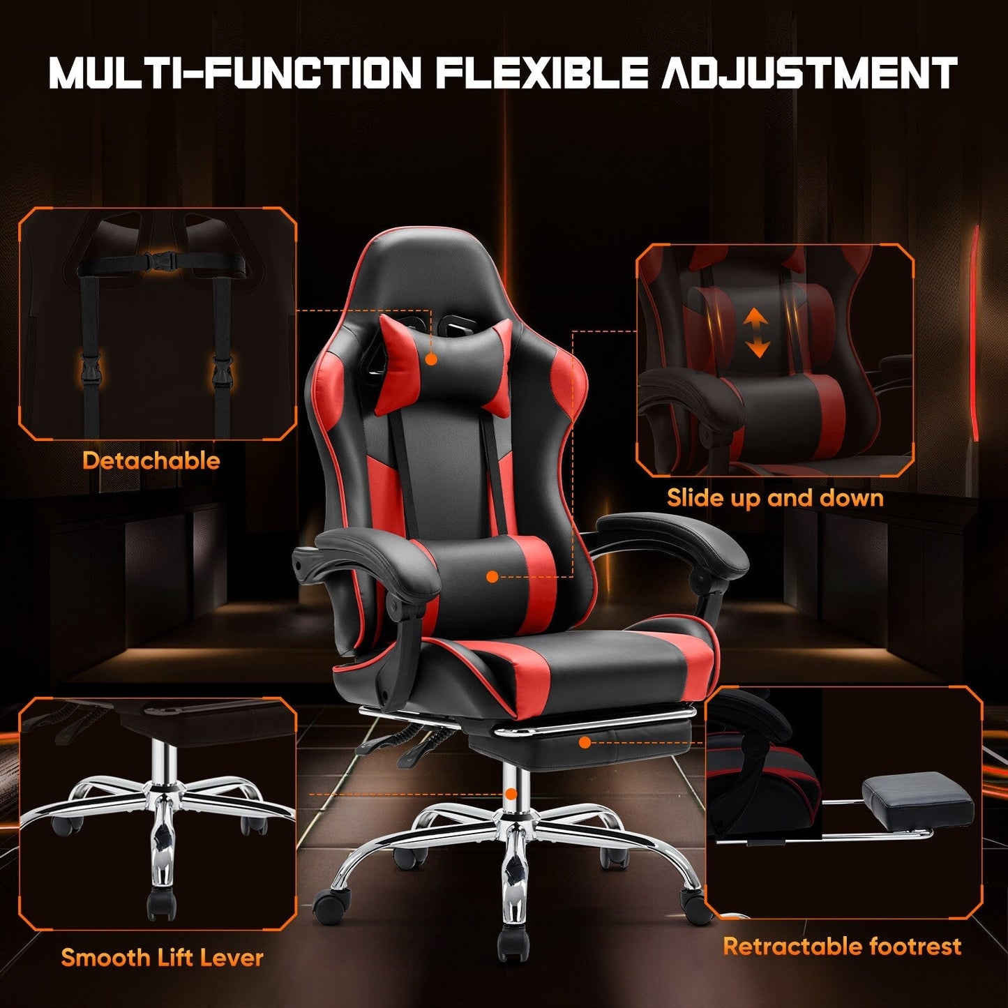 Ergonomic PU Leather 360¡ã Swivel Gaming Recliner with Footrest, Headrest, Lumbar Support, Adjustable Height