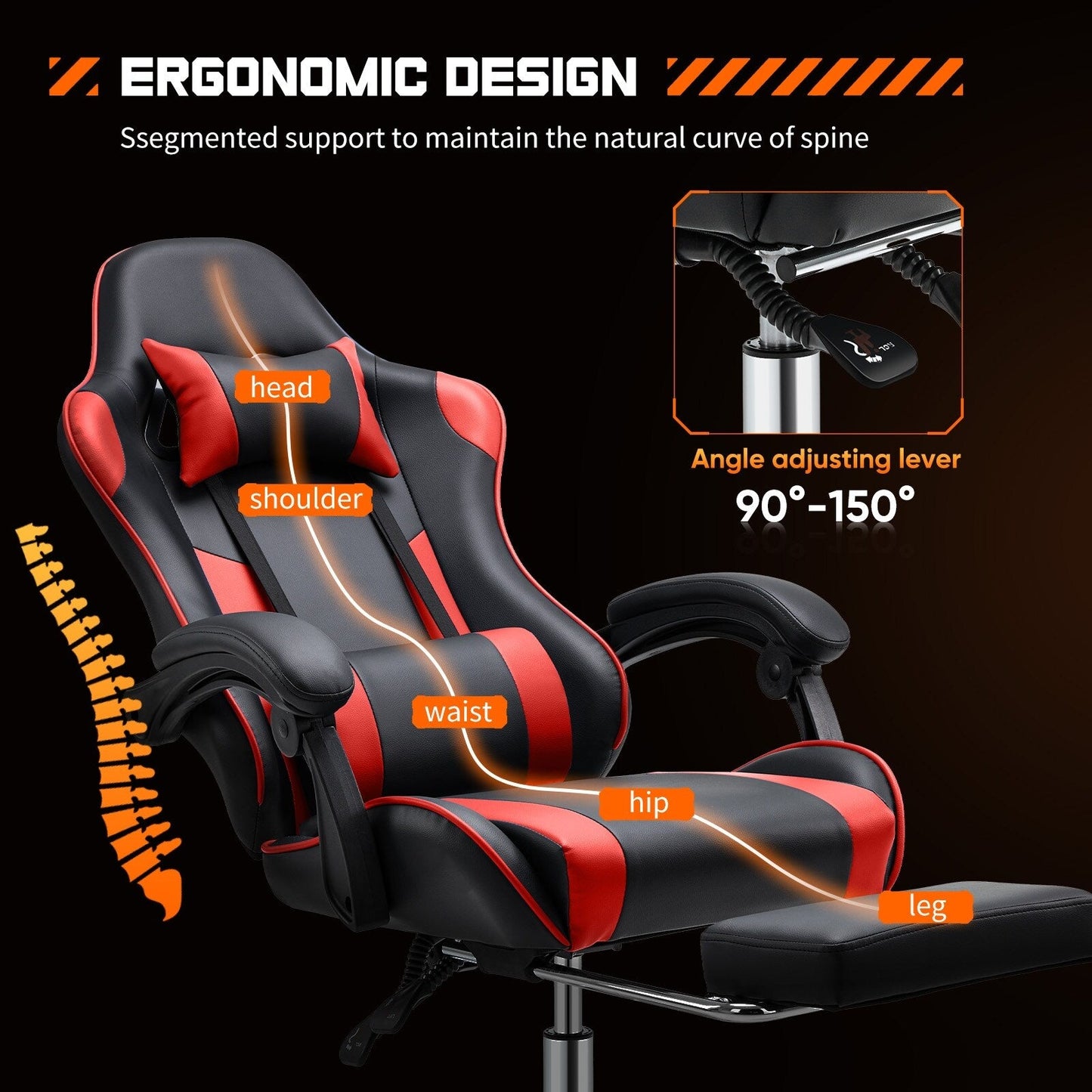 Ergonomic PU Leather 360¡ã Swivel Gaming Recliner with Footrest, Headrest, Lumbar Support, Adjustable Height