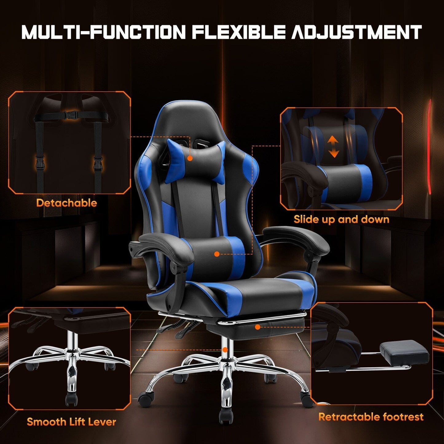 Ergonomic PU Leather 360¡ã Swivel Gaming Recliner with Footrest, Headrest, Lumbar Support, Adjustable Height