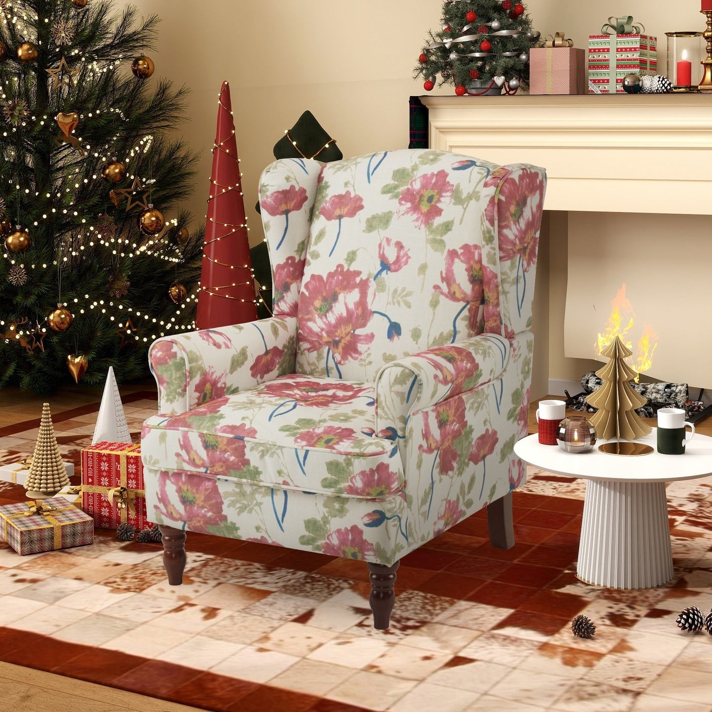 Erommy Modern Accent Chair, High Back Armchair, Upholstered Fabric Button Single Sofa with Wooden Legs for Living Room