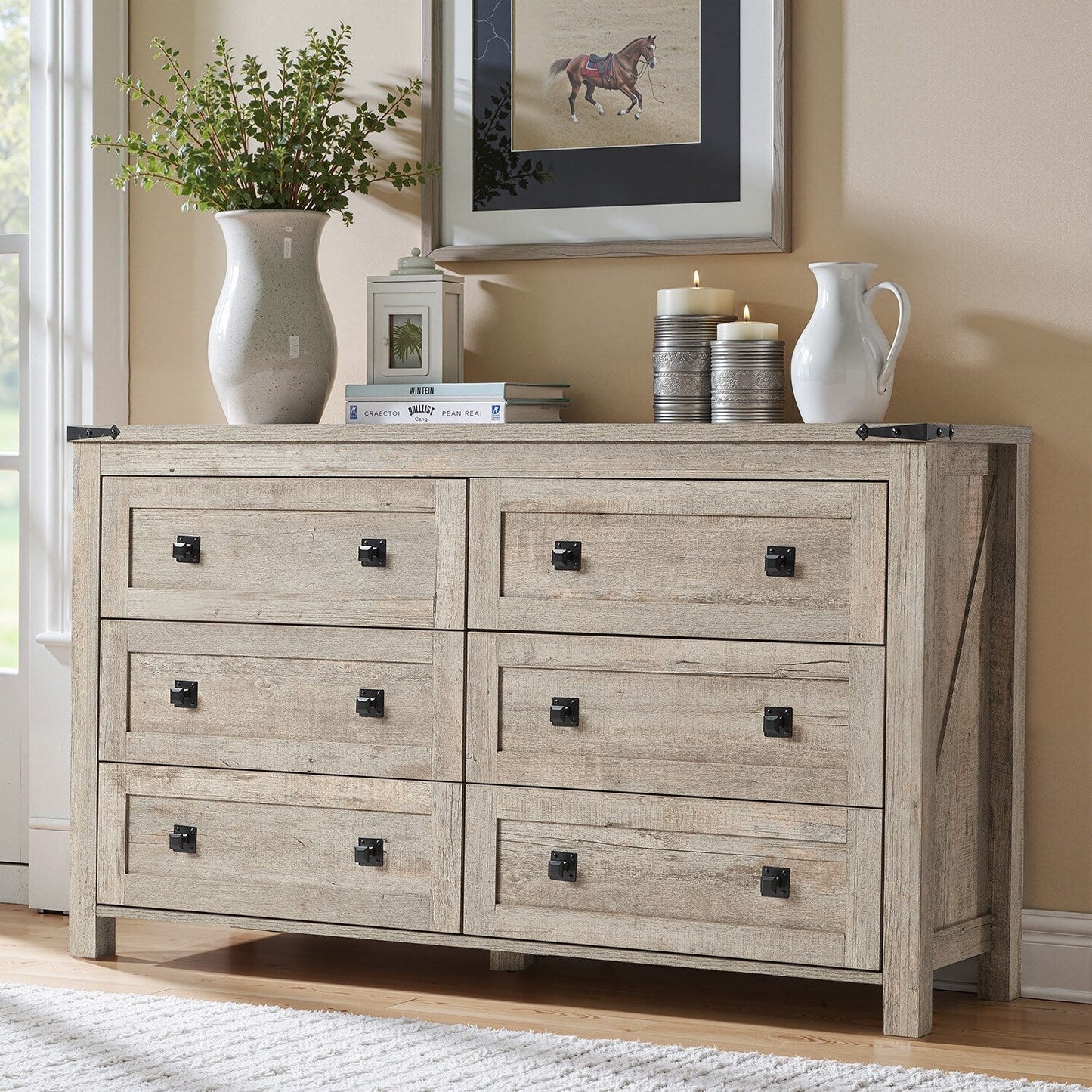Farmhouse 6 Drawer Dresser, Wood TV Stand, Chest of Drawers