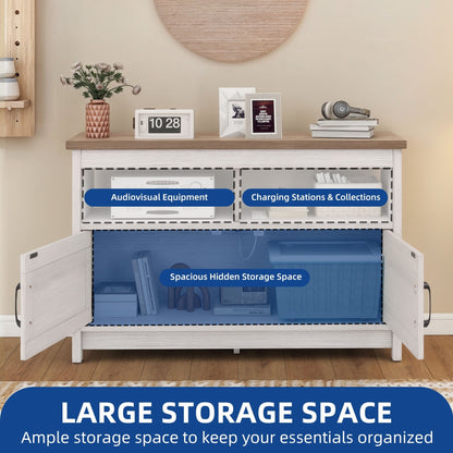 Farmhouse TV Stand for up to 65 TV with Doors and Open Shelves Media Console Power Outlet