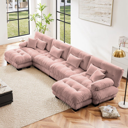Free Combination Modular Chenille 4-Seater Sectional Sofa with 2 Ottomans and Pillow for Living Room