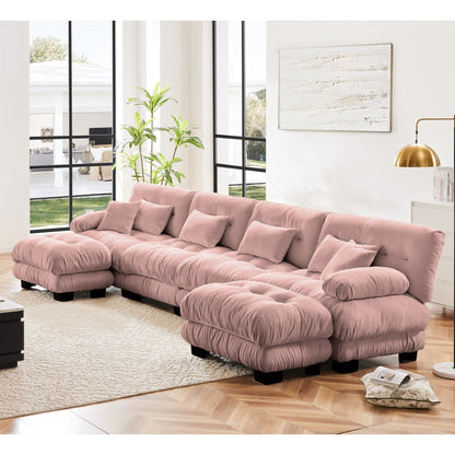 Free Combination Modular Chenille 4-Seater Sectional Sofa with 2 Ottomans and Pillow for Living Room