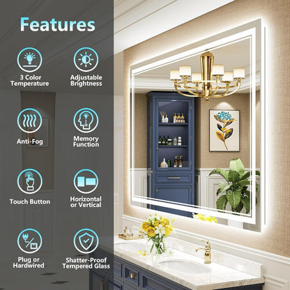 Full Size Front & Back LED Lighted Anti-fog Tempered Glass Wall Bathroom Vanity Mirror