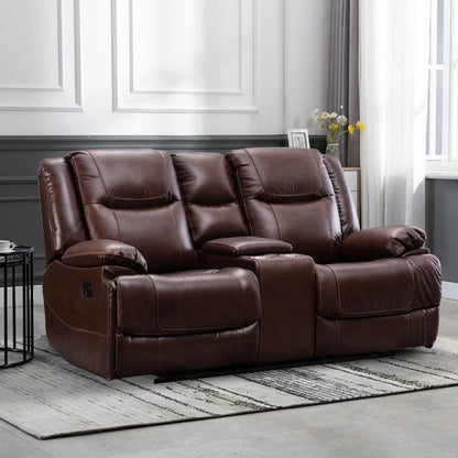 Genuine Leather Mid-century Modern Style Manual Recliners Sofa Set