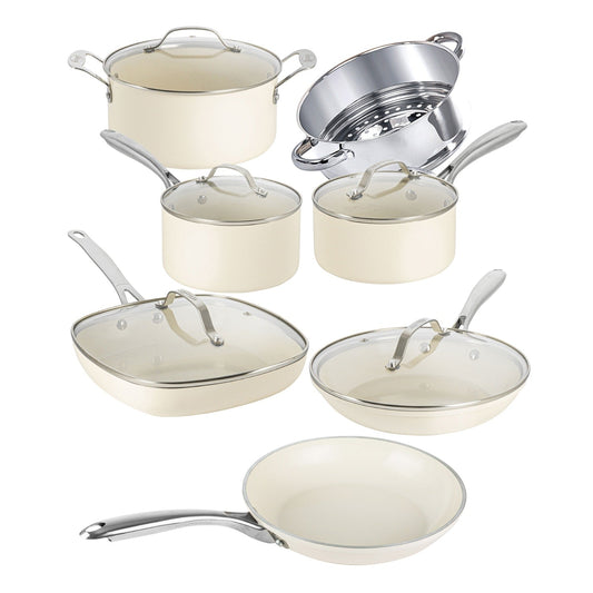 Gotham Steel Cream 12 Piece Pots and Pans Ultra Nonstick Ceramic Cookware Set with Stay Cool Handles