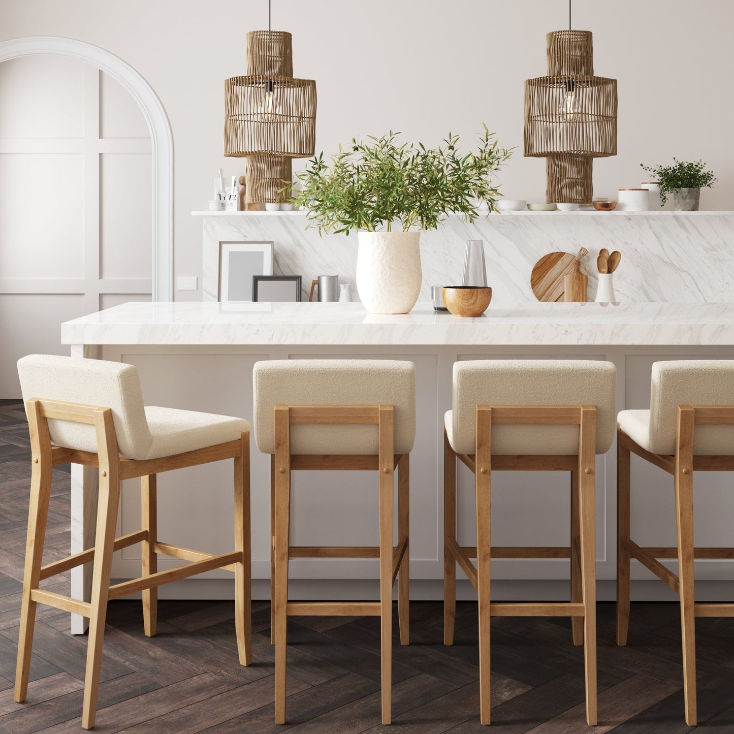 Gracie Modern Bar Stool, Boucle Upholstered Chair and Brushed Wooden Legs